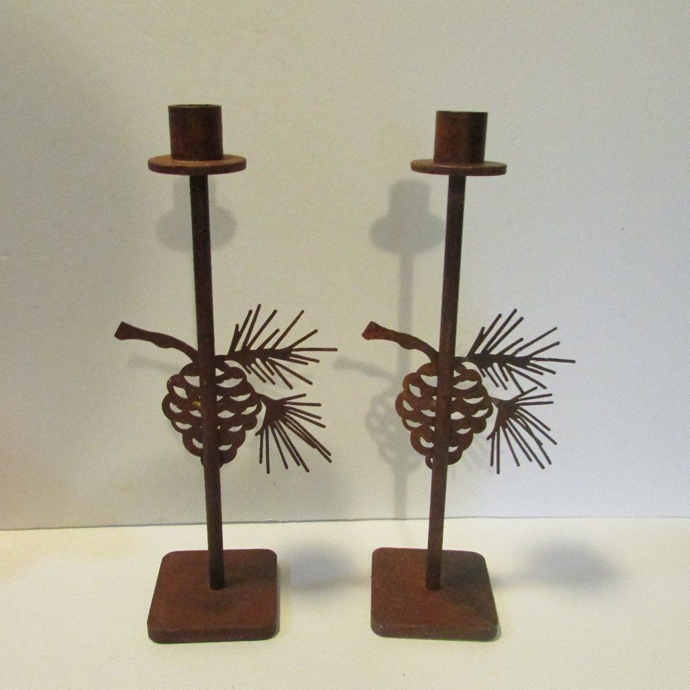 set of 2 metal pinecone candle holders cabin winter nature decor - Picture 5 of 10